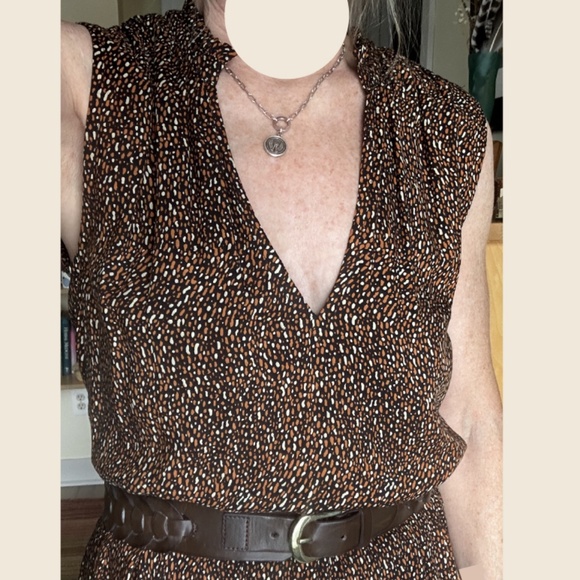 Midi Dress Brown & Gold  – Flattering Fit, Ruffle Hem – Size Small - Picture 1 of 5